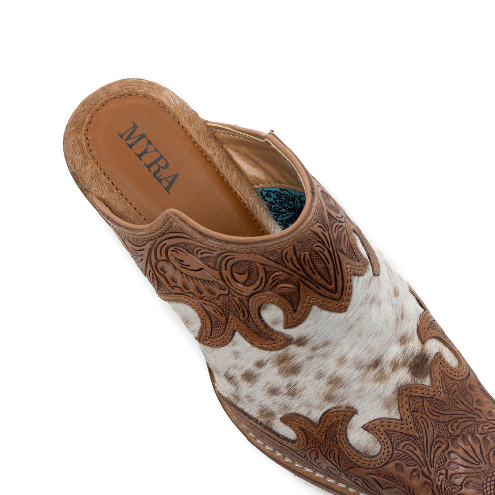 Mules en cuir Myra Lacey pour femme - Dessus mi-montant en cuir ciselé à la main avec empiècements en cuir à poils pour une élégance rodéo au quotidien
