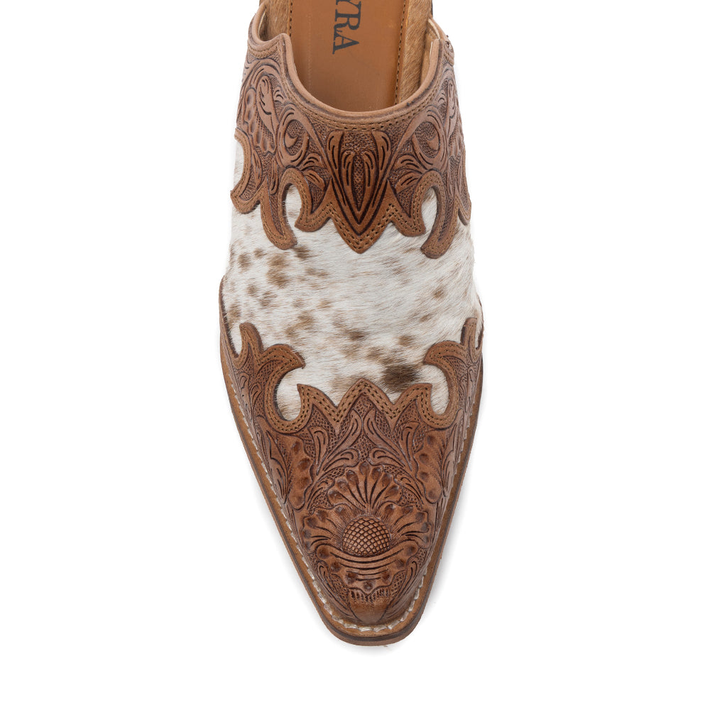 Mules en cuir Myra Lacey pour femme - Dessus mi-montant en cuir ciselé à la main avec empiècements en cuir à poils pour une élégance rodéo au quotidien