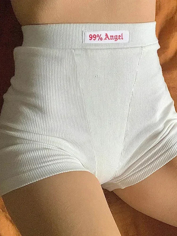 Shorts motard en tricot côtelé noir pour femmes, broderie lettre blanche, taille haute décontractée, style streetwear