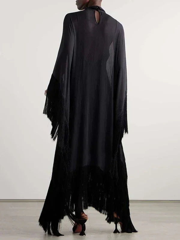 Yeezzi 2025 Nouvelle Mode Printemps Robes de Soirée Transparentes à Franges Femme Manches Chauve-Souris Couleur Unie Col Montant Ensemble Deux Pièces Robe