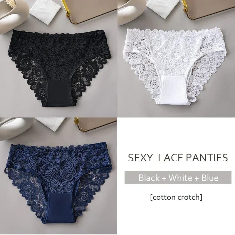 Lot de 3 slips de luxe en dentelle brodée florale pour femme, culottes sexy ajourées, lingerie féminine, sous-vêtements respirants pour femme