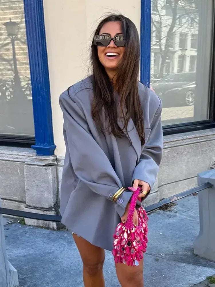 Veste de costume col V boutonnée sur le côté pour femme Manches longues couleur unie Manteaux Poignets poches Hauts oversize Vêtements féminins style urbain