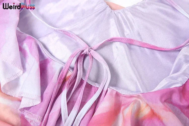 Robe Femme Weird Puss à Imprimé Floral Été Sans Bretelles Fentes Irrégulières Pompons Patchwork Dos Nu Bandage Fête Moulante Vestidos