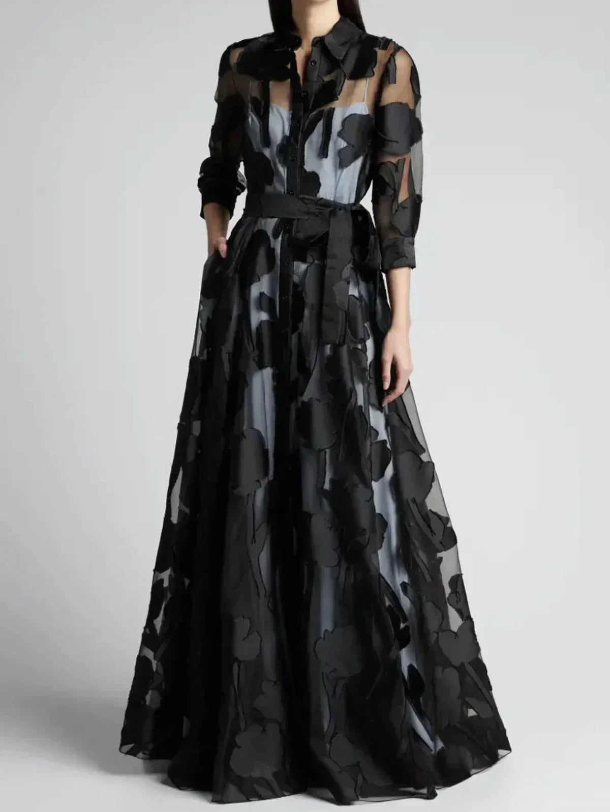 Élégante Robe Longue en Maille Jacquard Transparente à Manches Trois-Quarts et Nœud à la Taille sans Doublure pour Soirée Club Femme