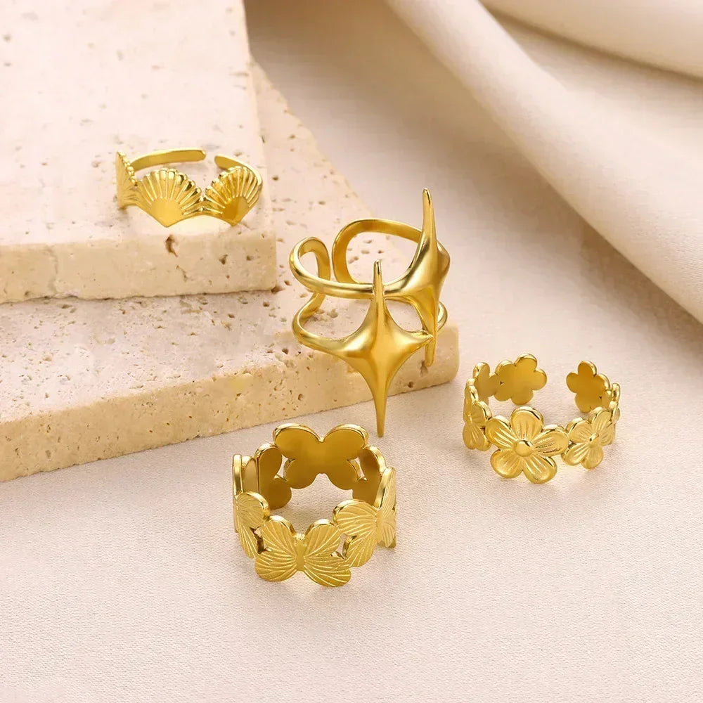 Bagues ouvertes en forme de fleur en acier inoxydable pour femmes, tendance, bijoux de mariage en forme de cœur, couleur or, anneau géométrique creux, accessoires quotidiens, cadeau