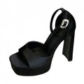 Liyke Runway Style Sandales à talons hauts noires pour femmes, en soie confortable, bout carré, bride à boucle, chaussures de soirée pour dames, taille 40
