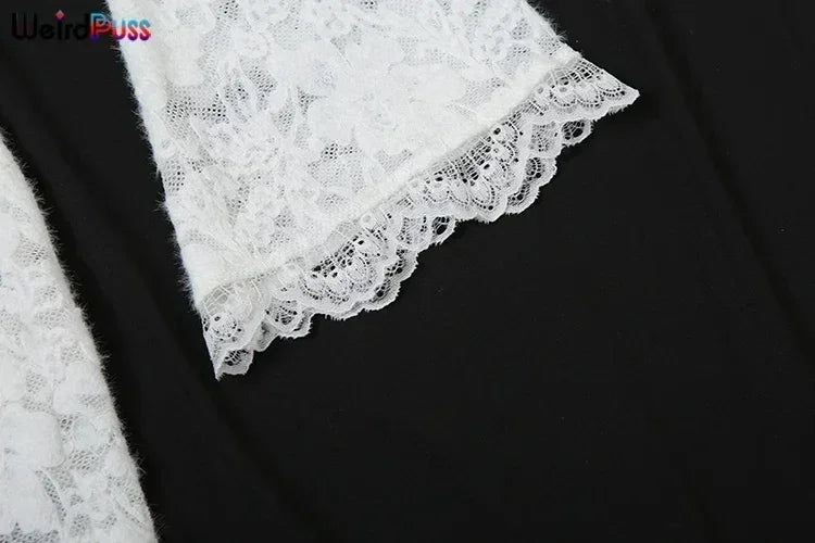 Weird Puss Broderie Volants Robe Femmes Sexy Col V Profond Fentes Transparent Uni Gland Poignets Pétale Street Élégance Vestidos