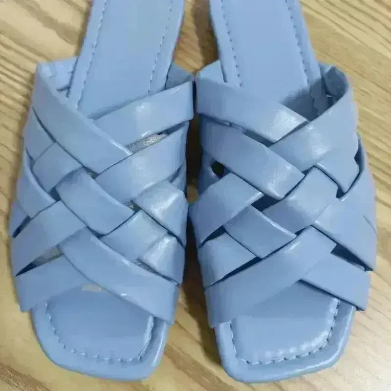 Pantoufles Plates en Cuir Décontractées pour Femme pour l'Été, Extérieur, Bleu/Rose/Beige