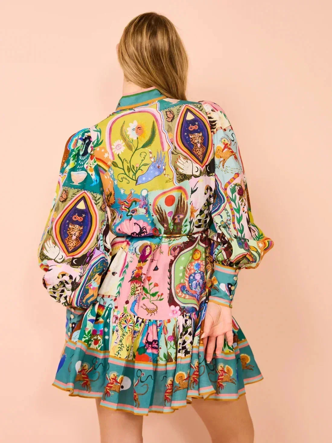 Robe cardigan plissée rétro à col rond imprimé 2025 avec taille cintrée, bretelles et ourlet volanté, polyvalente et élégante