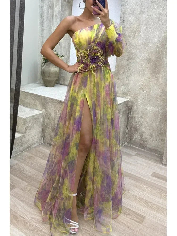 Robe longue en maille fendue haute à glissière asymétrique à épaule dénudée pour femme, robe de soirée à fleurs décoratives