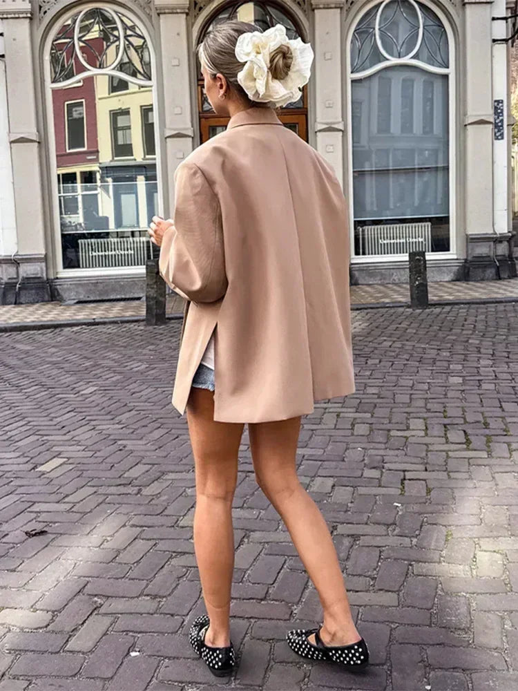 Veste de costume col V boutonnée sur le côté pour femme Manches longues couleur unie Manteaux Poignets poches Hauts oversize Vêtements féminins style urbain