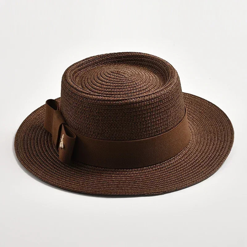 NOUVEAUX Chapeaux de paille Printemps Été pour femmes Surface ronde bosselée Dessus plat Nœud Papillon Robe Casquette Voyage Plage Soleil Chapeau Gorra