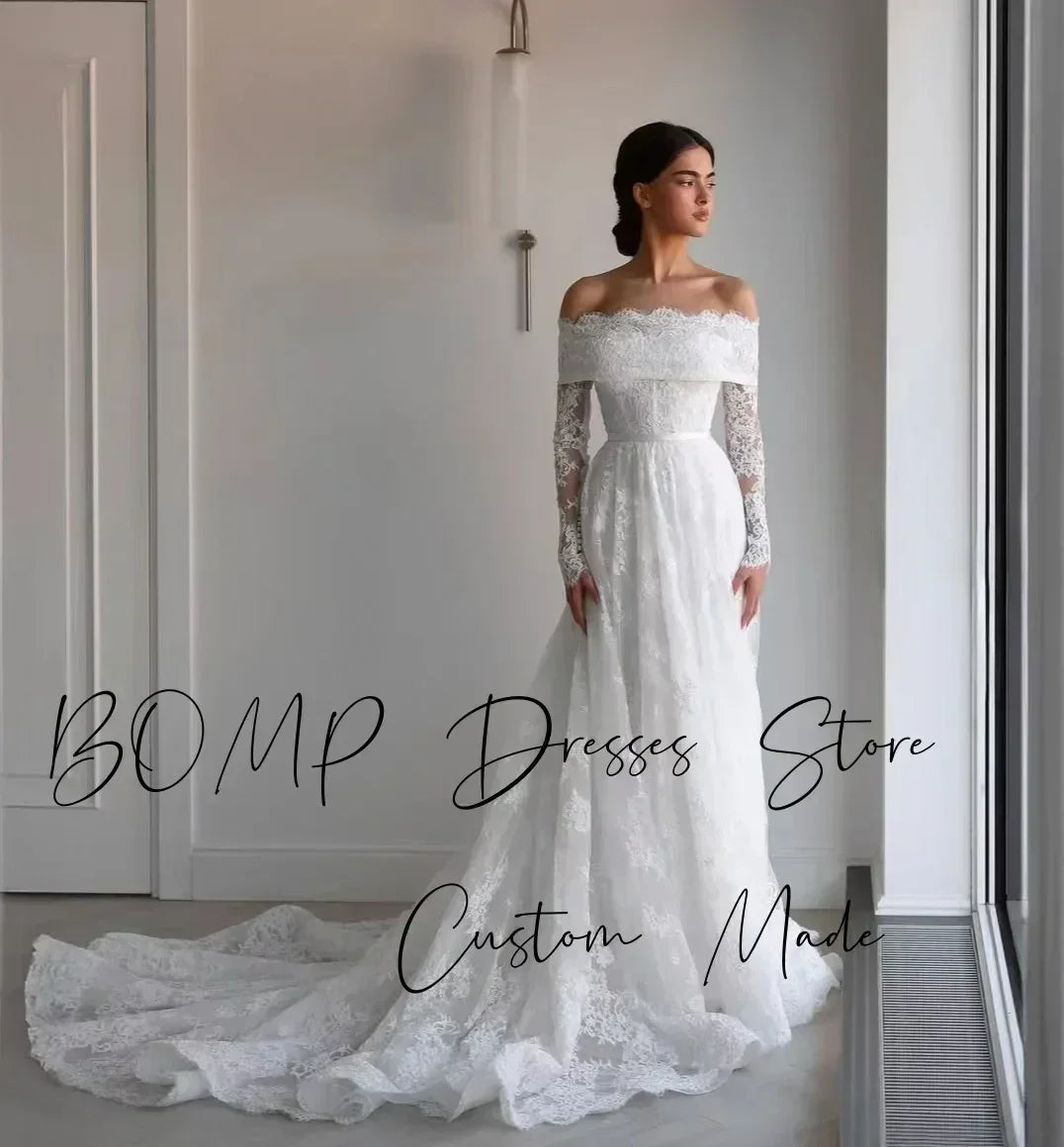 BOMP Robe de mariée élégante en dentelle Cœur Épaules dénudées Manches longues Traîne Ivoire Robe de mariée personnalisée Robe De Mariée