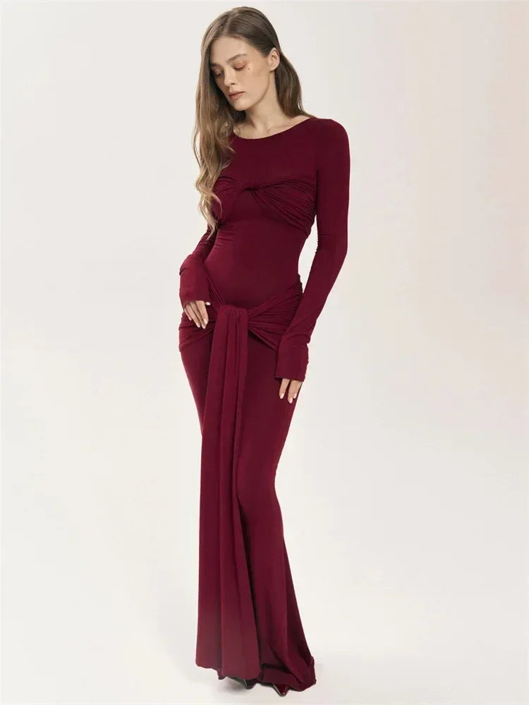 Robe longue plissée sexy pour femme Y2K, robe moulante de rue d'automne, robe patchwork torsadée à manches longues unies pour femme