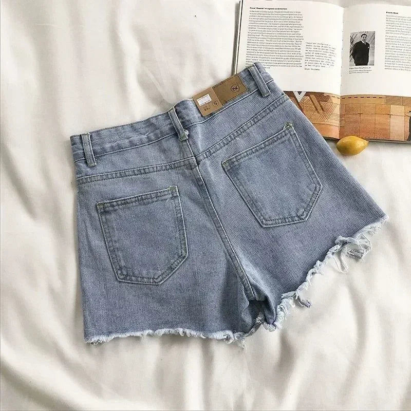 Shorts en jean coréens pour femmes, mode d'été, décontracté, taille haute, déchiré, poches, pompons, style Y2K, pantalon court, streetwear, bleu
