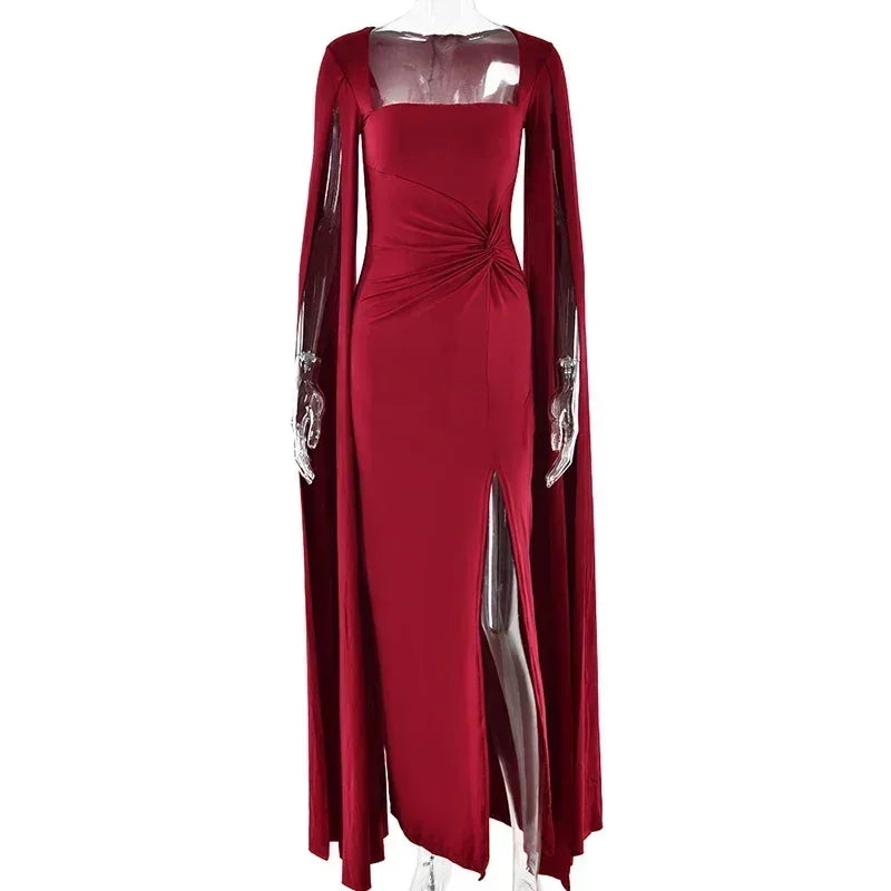 Mozision Robe longue fendue à manches cape pour femme, élégante robe de soirée longue à col carré, couleur unie, nouvelle collection