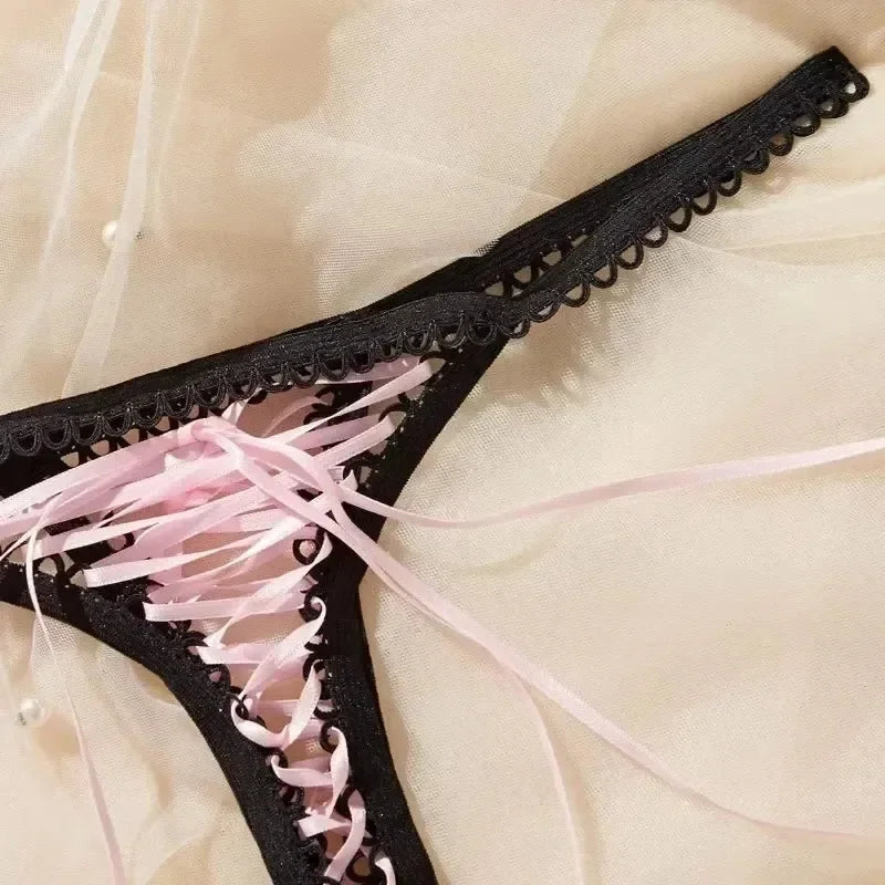 Dames Super Sexy String Lacé Lingerie Noir Bretelle Bordure Crochet Rose Bandage String Lacé Culotte Sexy Ouvert Érotique G-Strings