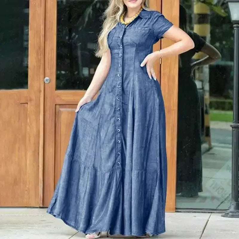 Robe Chemise en Jean Ample à Simple Boutonnage, Robe Décontractée à Manches Courtes avec Poches et Revers, Épissures et Grande Balançoire, Couleur Unie pour Femme, Nouvelle Collection 2024