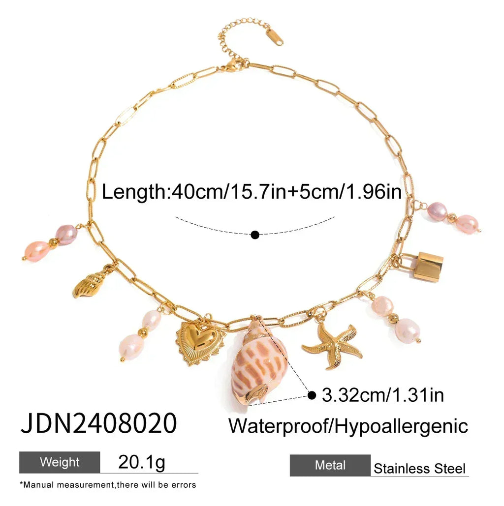 Collier pendentif conque Zora style vacances d'été colorées, pour femme, en acier inoxydable plaqué or 18 carats, multi-breloques, bijoux de mode