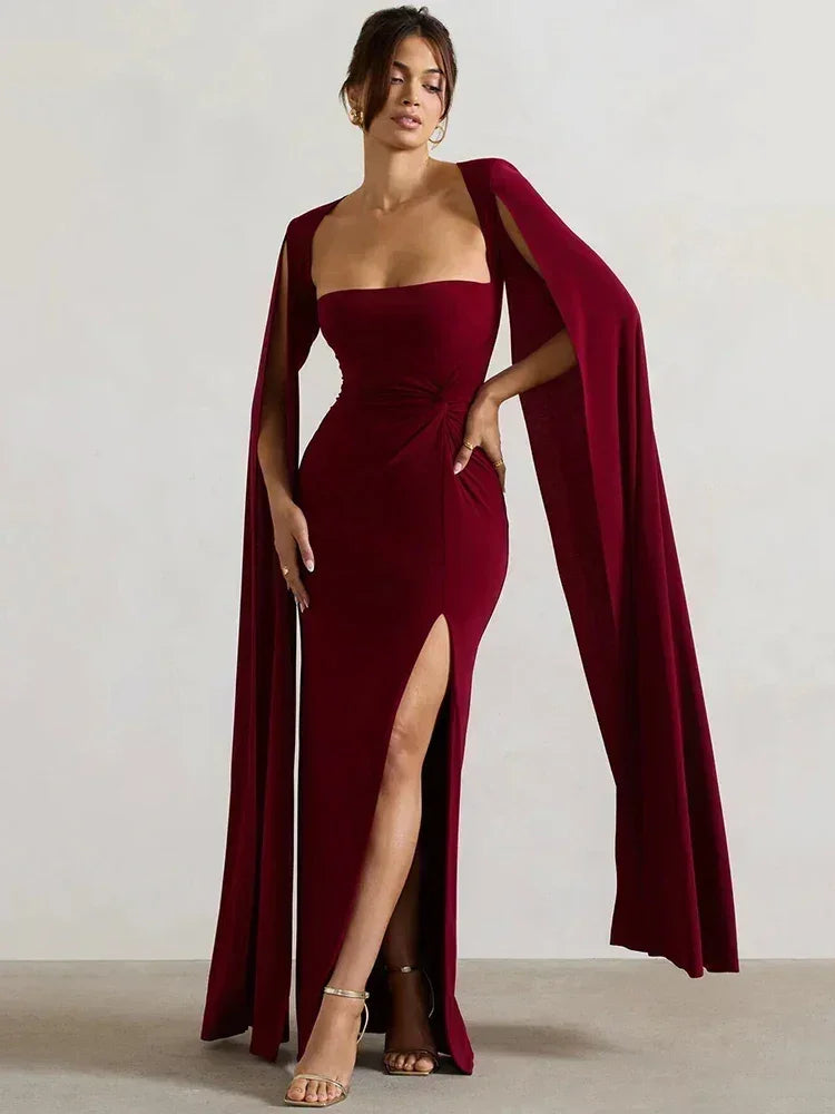 Mozision Robe longue fendue à manches cape pour femme, élégante robe de soirée longue à col carré, couleur unie, nouvelle collection