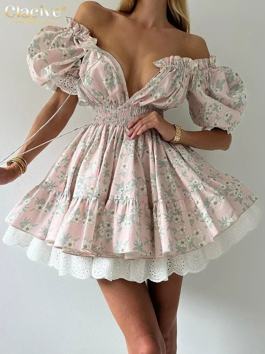 Clacive Robe d'été mince imprimée pour femme, à la mode, col slash, manches courtes, mini robes élégantes, taille haute, patchwork, robe féminine