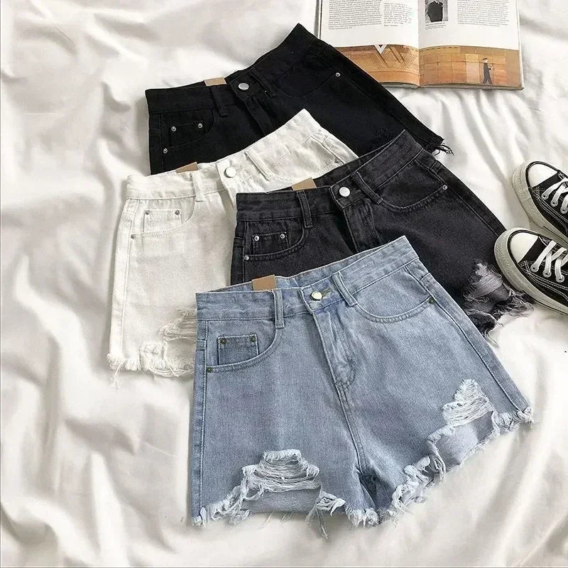 Shorts en jean coréens pour femmes, mode d'été, décontracté, taille haute, déchiré, poches, pompons, style Y2K, pantalon court, streetwear, bleu