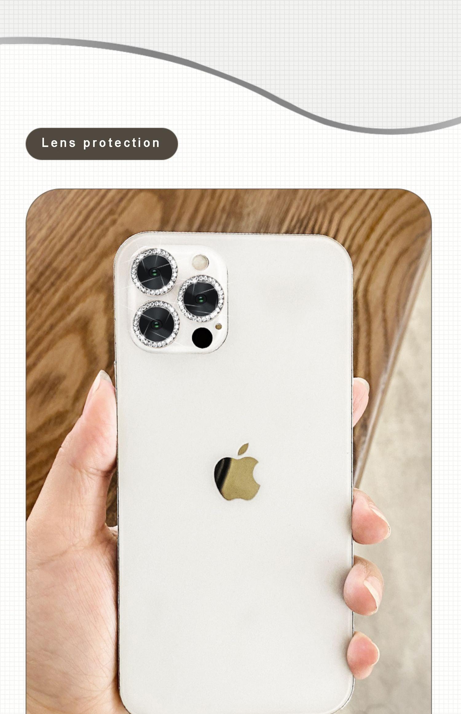Verre trempé avec anneau métallique, strass et paillettes pour appareil photo iPhone 11 12 13 14 Pro Max Mini Plus, protection d'objectif à couverture complète 9H, protection d'objectif en verre trempé avec anneau métallique unique à couverture complète