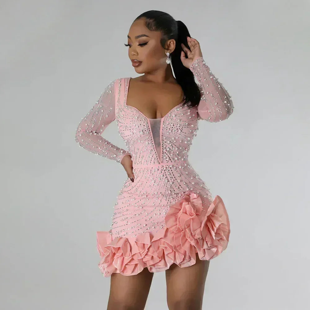 Robes de soirée 2025 Perles Diamants Manches Longues Volants pour femmes Robe de bal brillante élégante pour invitée de mariage Occasion Célébration Anniversaire