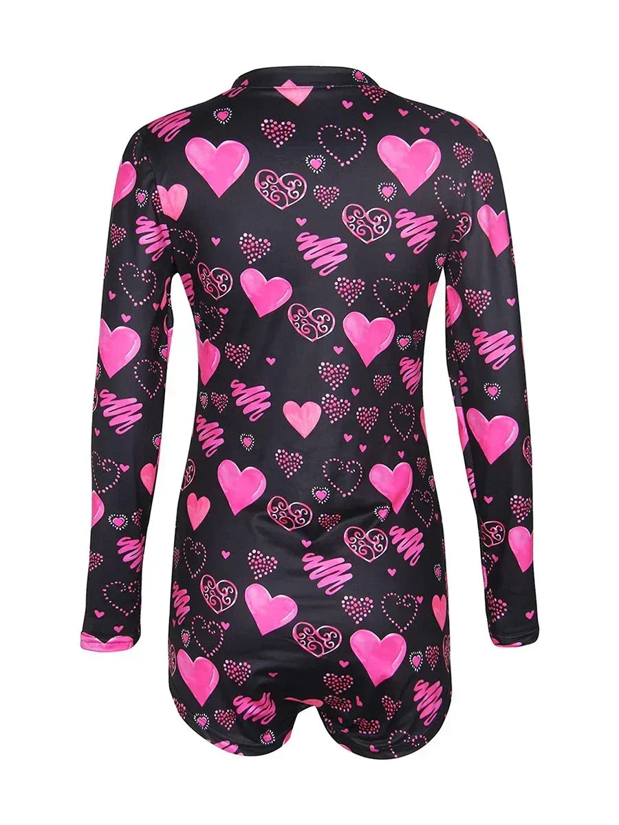 Combinaison moulante pour femme à manches longues, col en V, imprimé cœurs et lèvres, boutonnée, courte, vêtement de nuit d'intérieur pour la Saint-Valentin
