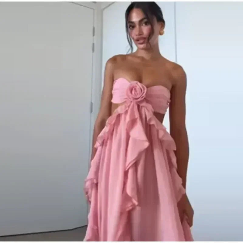 Robe longue chic printemps femme ajourée fleur 3D ourlet à volants élégante épaule dénudée dos nu Robe de soirée Street Party 2025 Nouvelle collection