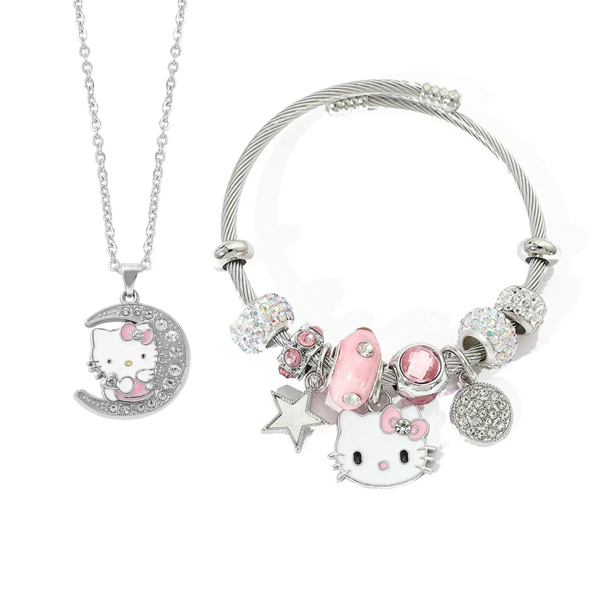 Parure de bijoux tendance incrustés de strass, motif dessin animé mignon Hello Kitty, 2 pièces/ensemble, convient pour le quotidien, idéal comme