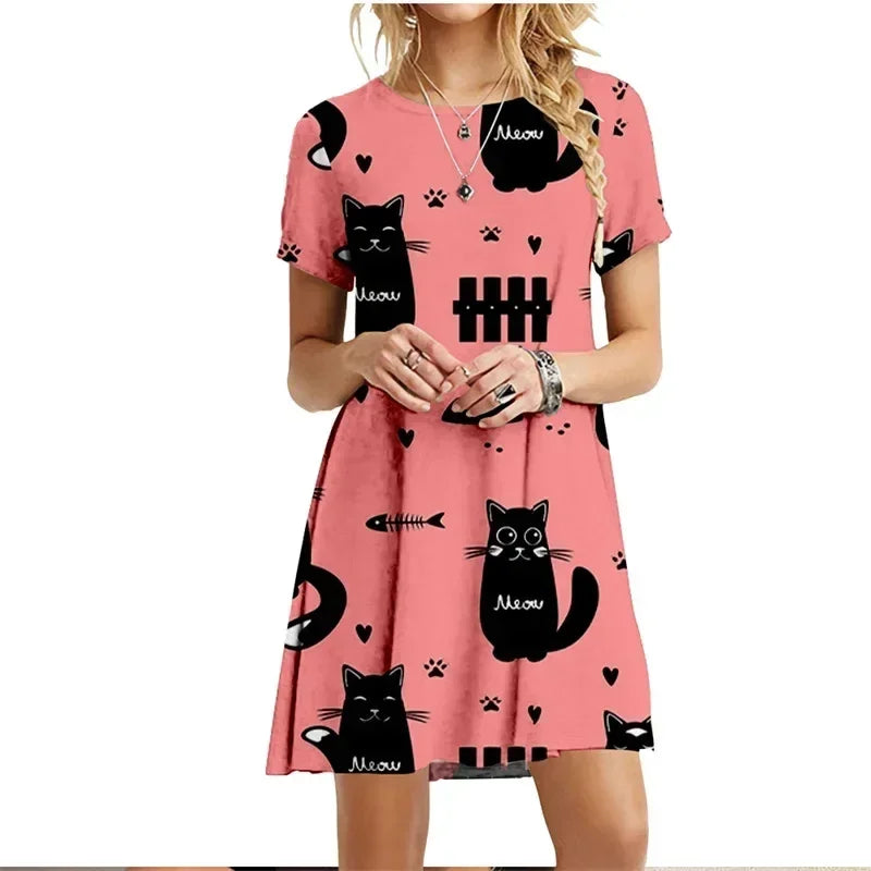 Robe imprimée chats peints, manches courtes, style kawaii pour femme, collection été 2022, col rond, décontractée, ample