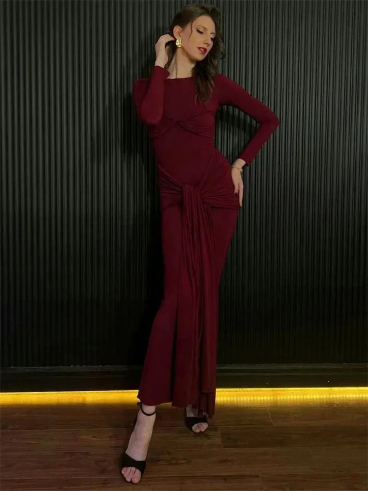 Robe longue plissée sexy pour femme Y2K, robe moulante de rue d'automne, robe patchwork torsadée à manches longues unies pour femme