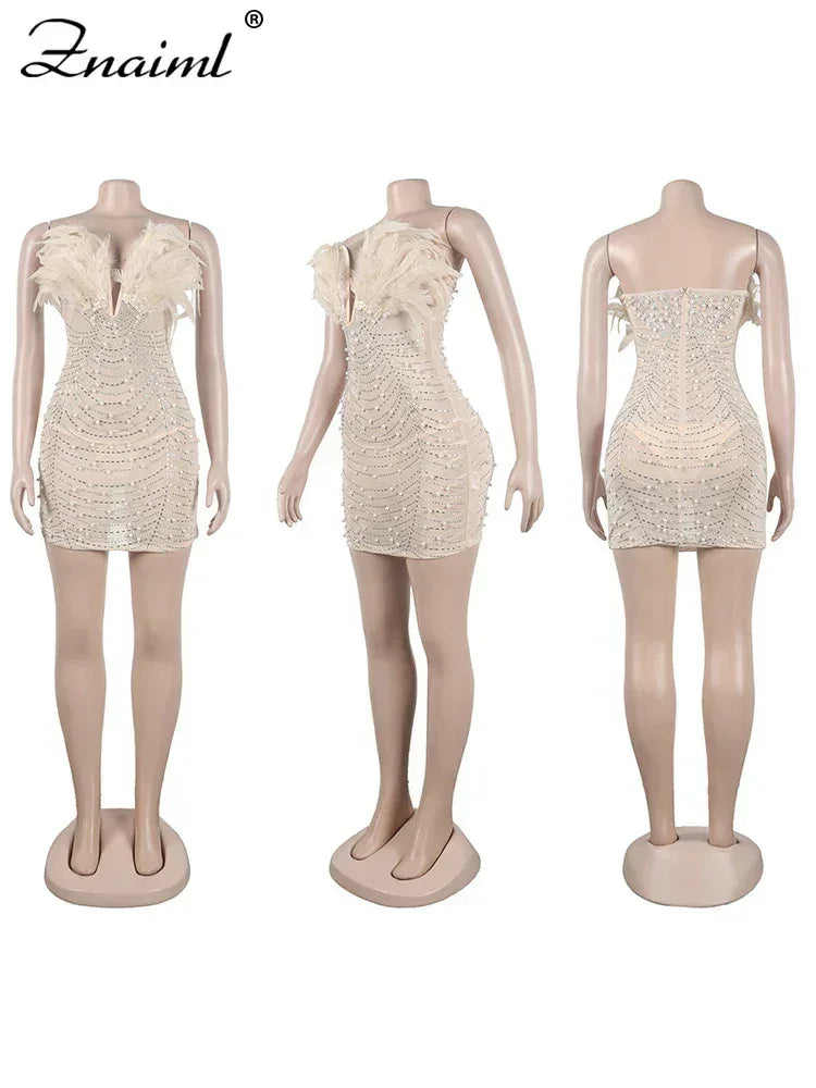 Znaiml Robes moulantes dos nu transparentes en maille diamantée avec strass et plumes sexy pour femme, boîte de nuit, fête d'anniversaire, soirée, Vestidos
