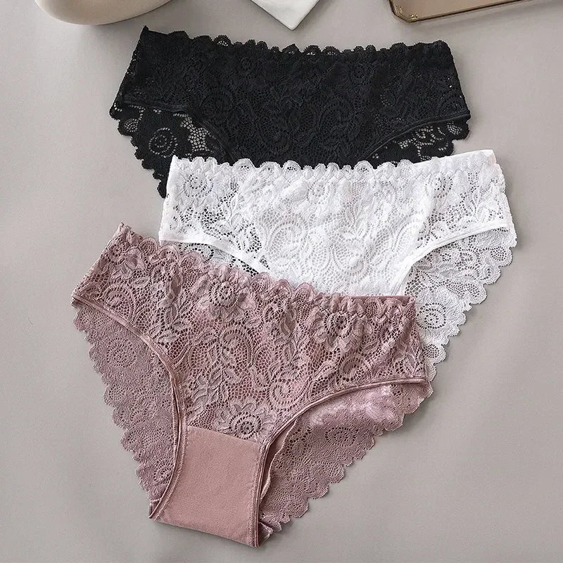 Lot de 3 slips de luxe en dentelle brodée florale pour femme, culottes sexy ajourées, lingerie féminine, sous-vêtements respirants pour femme