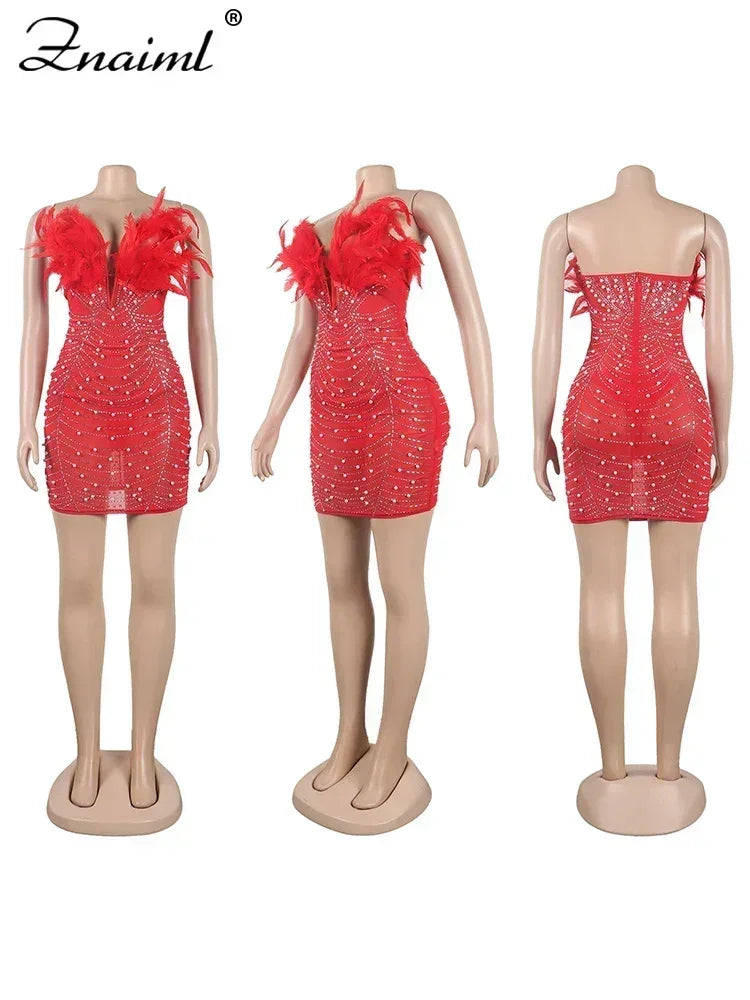 Znaiml Robes moulantes dos nu transparentes en maille diamantée avec strass et plumes sexy pour femme, boîte de nuit, fête d'anniversaire, soirée, Vestidos