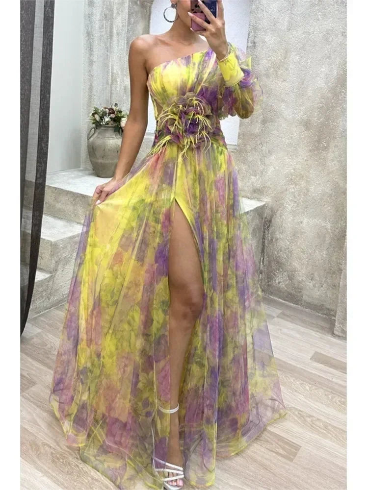 Robe longue en maille fendue haute à glissière asymétrique à épaule dénudée pour femme, robe de soirée à fleurs décoratives