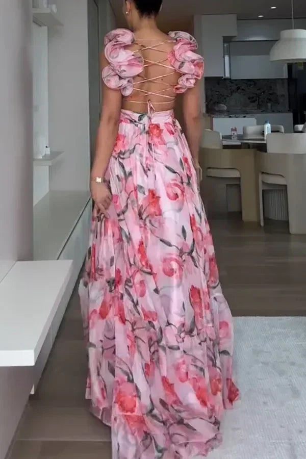 Robe longue en mousseline de soie imprimée sexy 2025, mode estivale, élégante, col en V, volants, coupe ajustée, sans manches, dos nu, robes de soirée pour les vacances