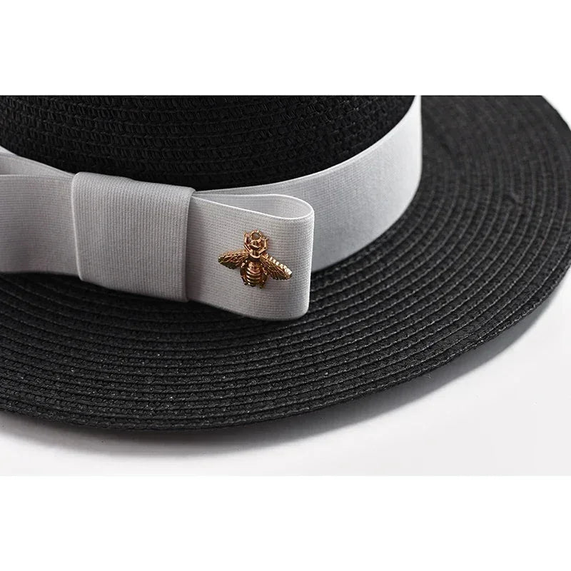 NOUVEAUX Chapeaux de paille Printemps Été pour femmes Surface ronde bosselée Dessus plat Nœud Papillon Robe Casquette Voyage Plage Soleil Chapeau Gorra