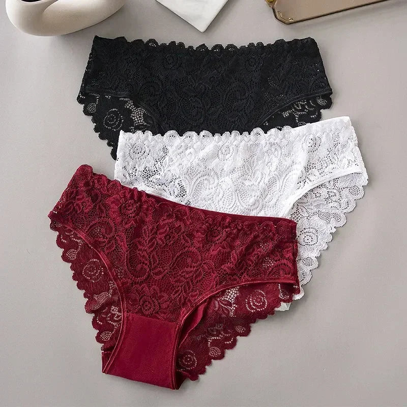 Lot de 3 slips de luxe en dentelle brodée florale pour femme, culottes sexy ajourées, lingerie féminine, sous-vêtements respirants pour femme