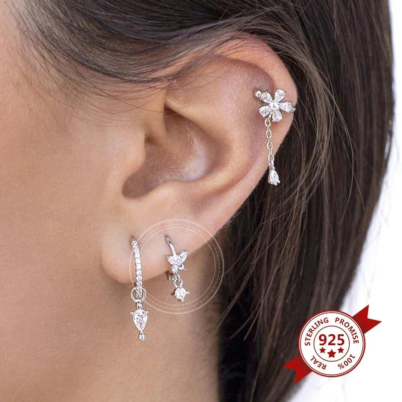 Boucles d'oreilles créoles tendance en argent sterling 925 avec aiguille d'oreille en cristal blanc de luxe pour femme, cadeau de bijoux de mariage