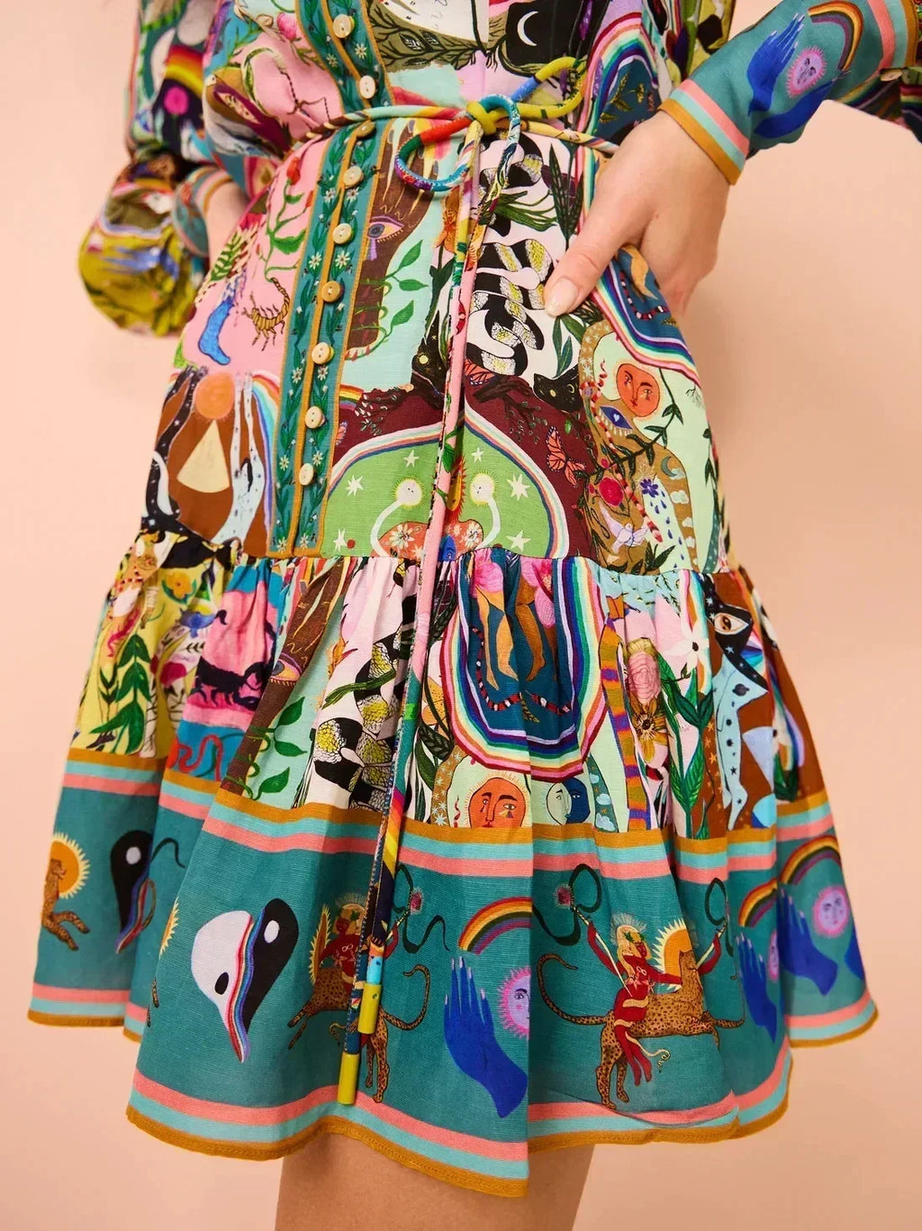 Robe cardigan plissée rétro à col rond imprimé 2025 avec taille cintrée, bretelles et ourlet volanté, polyvalente et élégante
