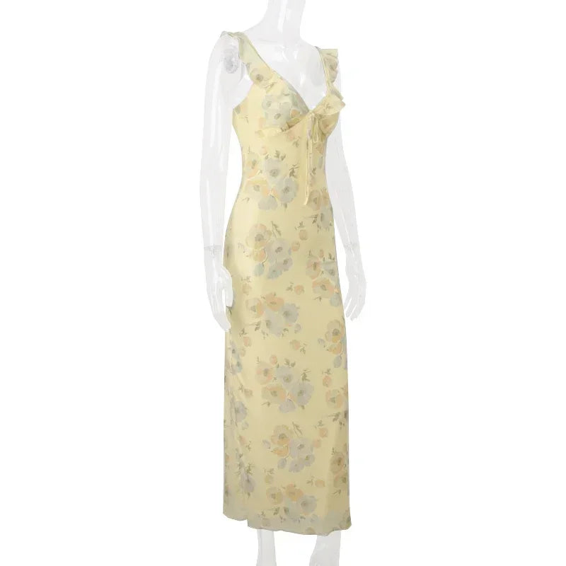 Robe longue jaune fleurie | Robe de soirée d'été rétro col en V -femstylo
