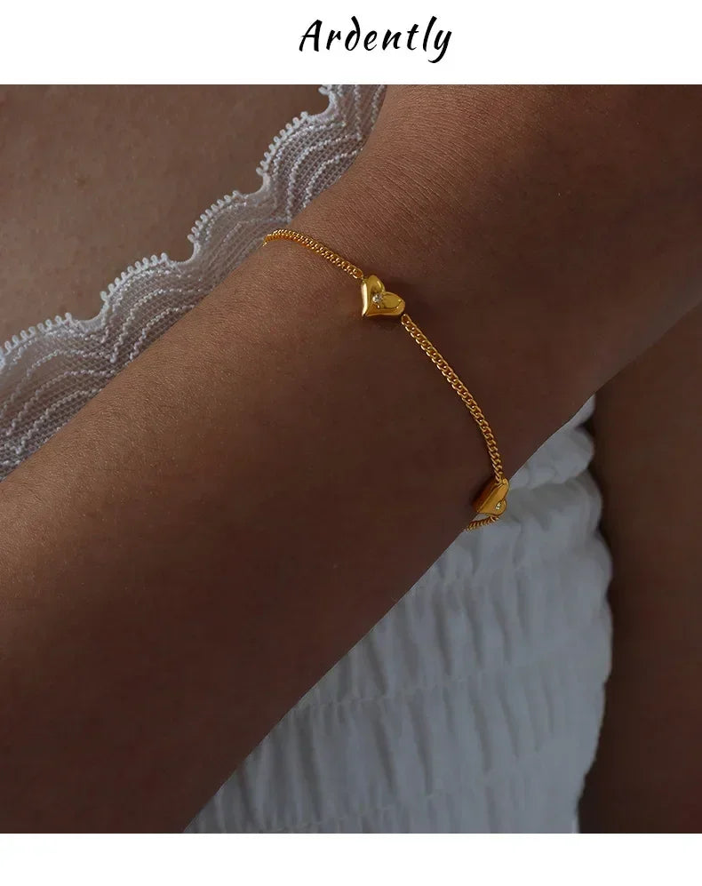 Ensemble de bijoux en acier inoxydable avec collier, boucles d'oreilles et bracelet cœur mignon pour femme, zircon brillant, accessoires de mariée, cadeau de mariage