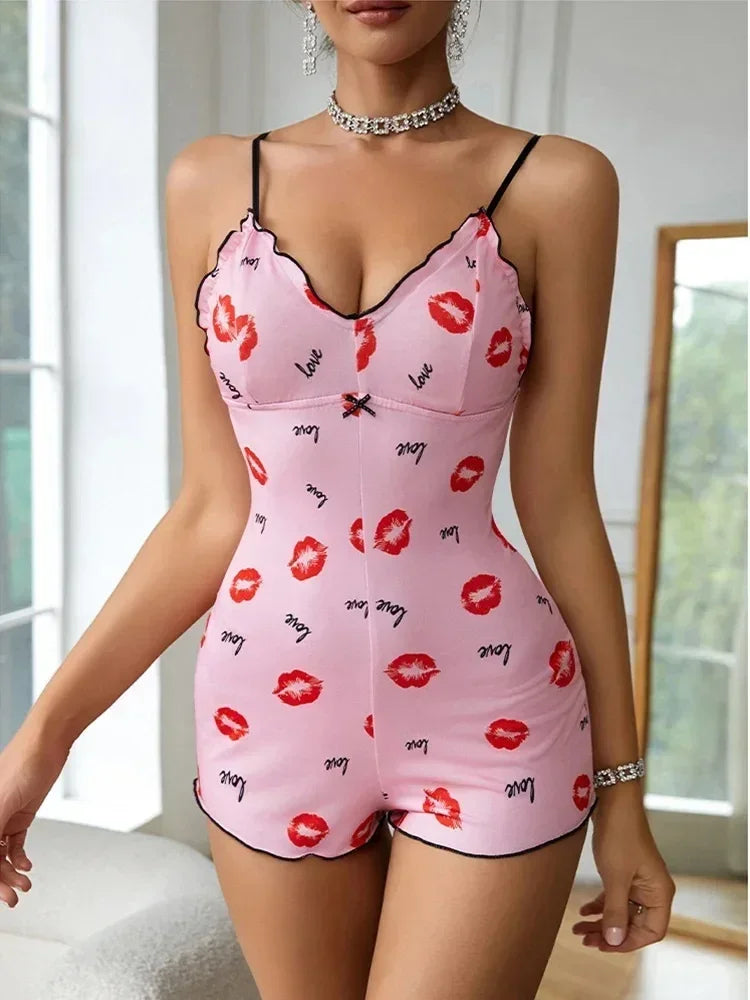 Pyjama une pièce pour femme, pyjama à lèvres rouges imprimées, sans manches, barboteuse courte, pyjama amusant pour adultes, col en V, bretelles, body
