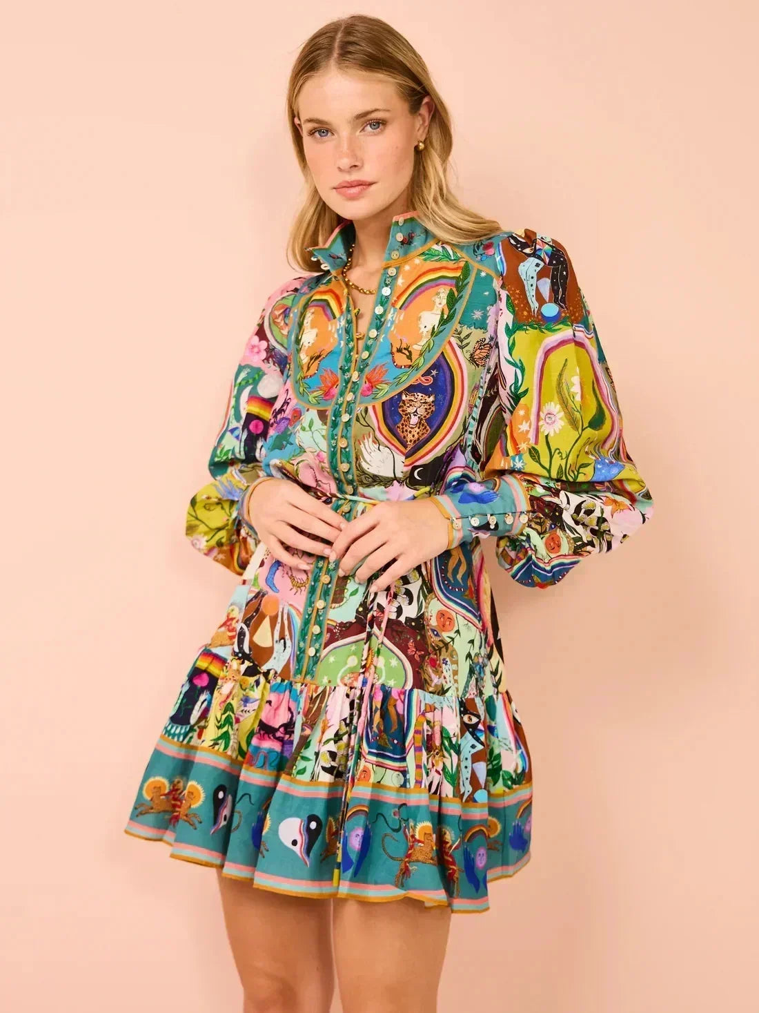 Robe cardigan plissée rétro à col rond imprimé 2025 avec taille cintrée, bretelles et ourlet volanté, polyvalente et élégante