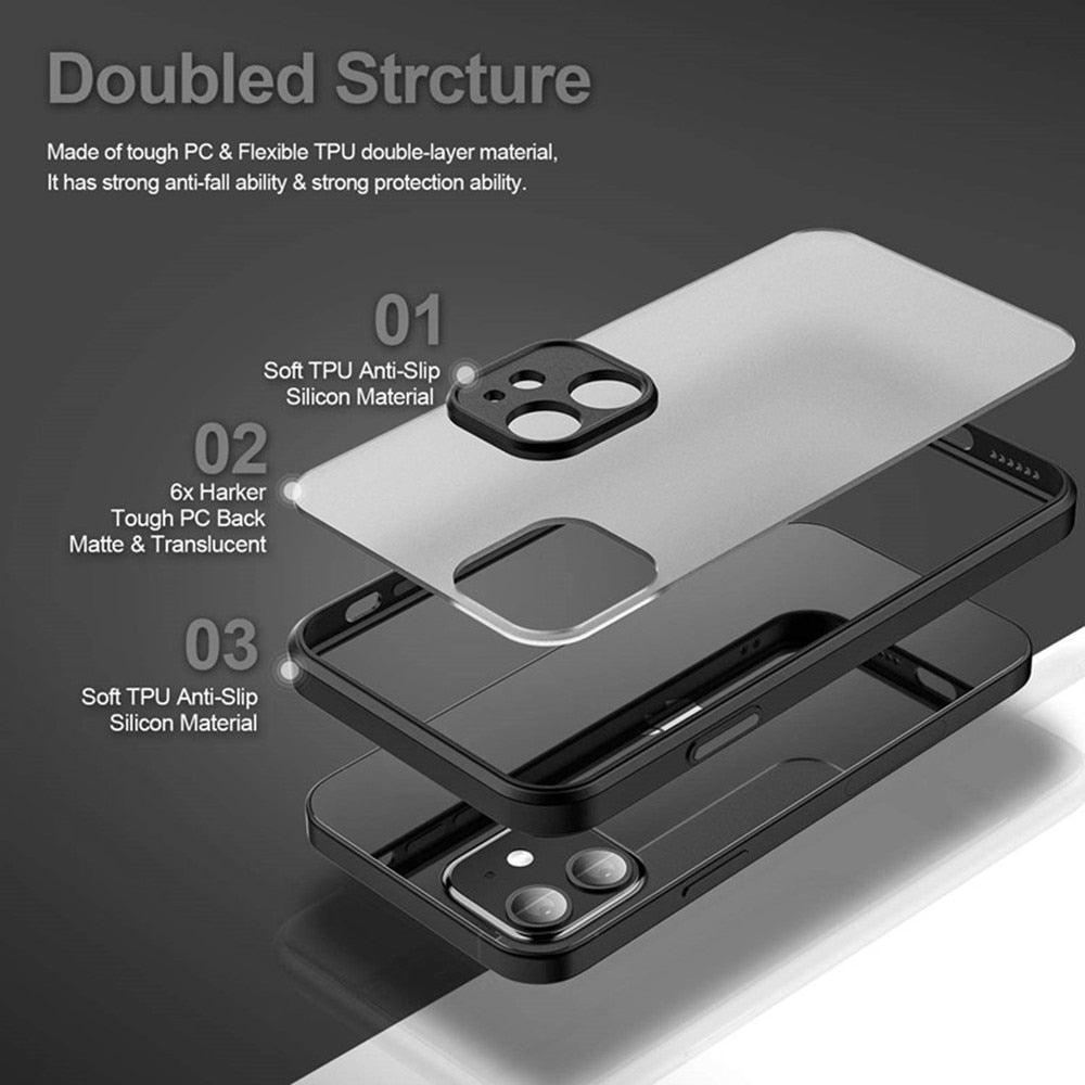 Coque antichoc pour iPhone 14 13 12 11 Pro Max XR XS X, noire, de luxe, avec pare-chocs en silicone, coque arrière rigide transparente