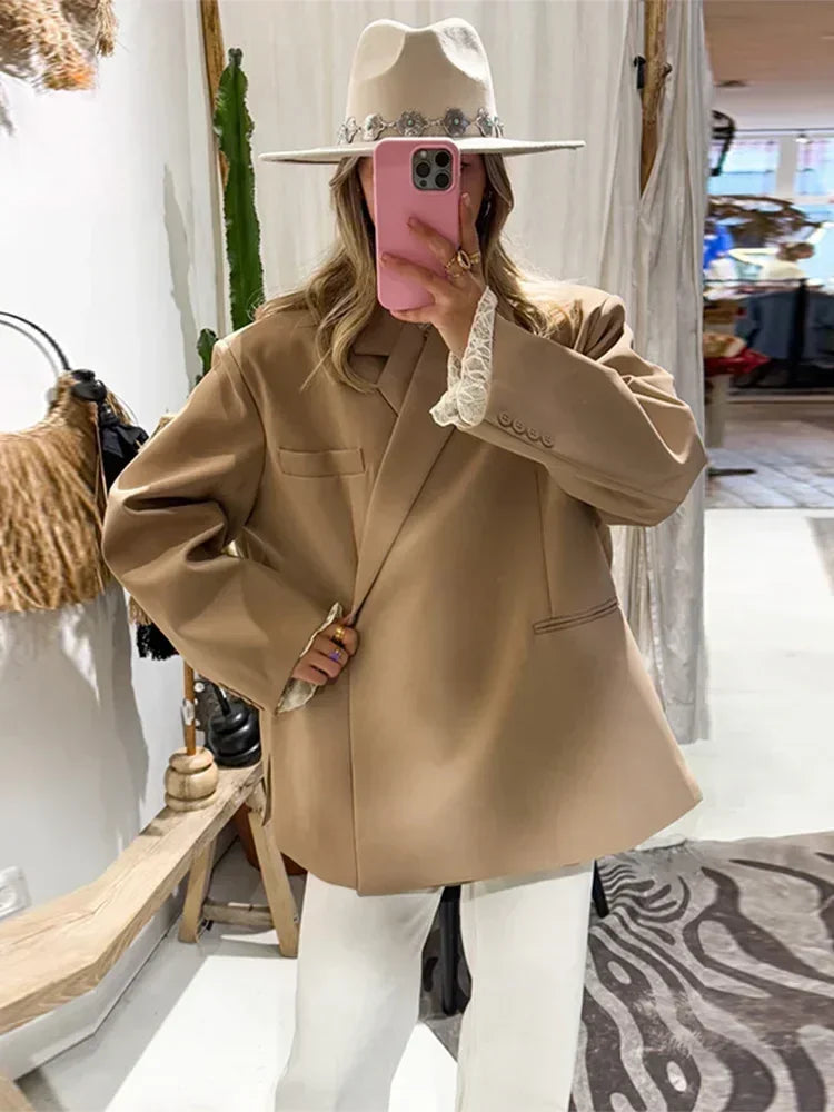Veste de costume col V boutonnée sur le côté pour femme Manches longues couleur unie Manteaux Poignets poches Hauts oversize Vêtements féminins style urbain