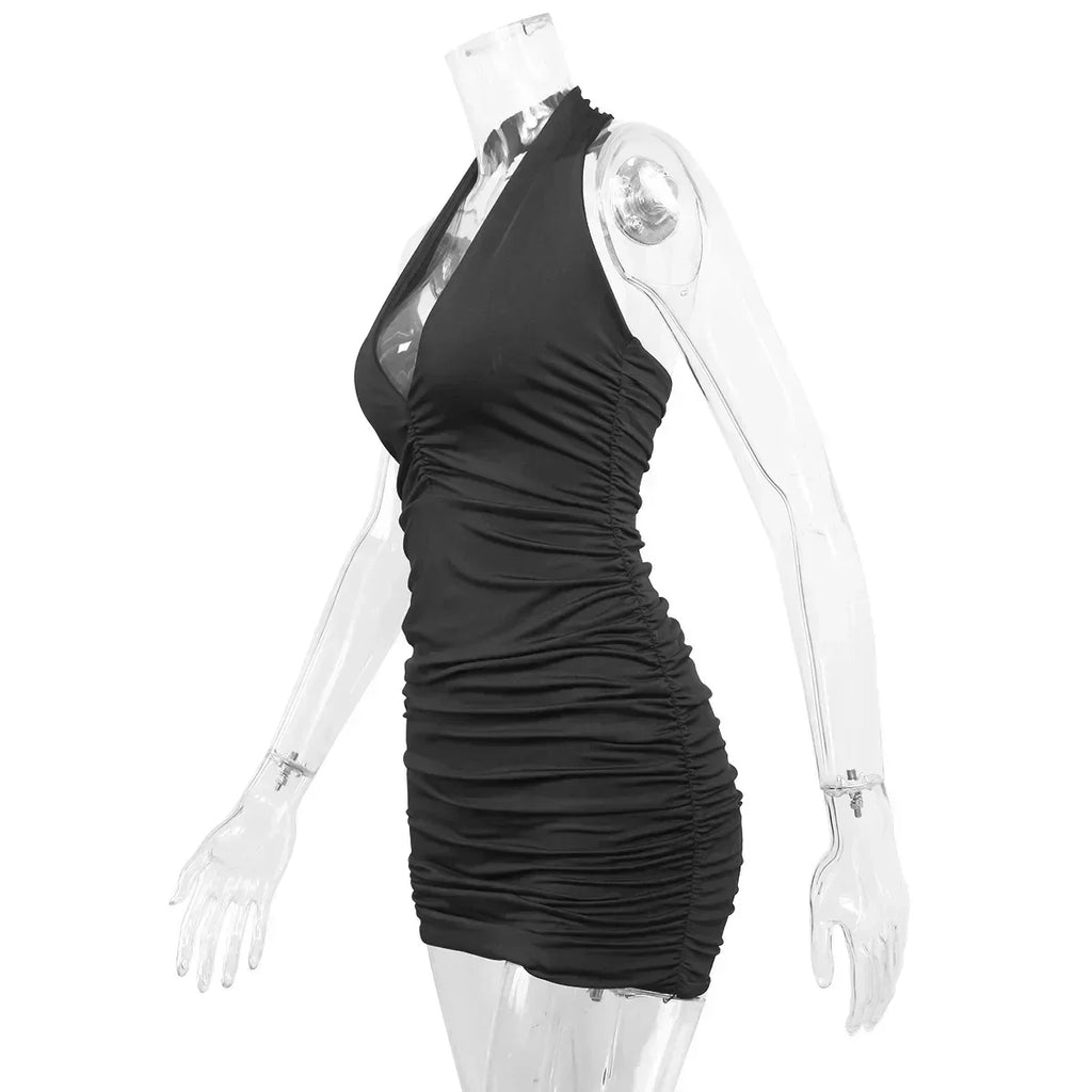 Robe courte sexy à col en V profond pour soirée, sans manches, dos nu, été 2024, blanche, licou, robe moulante pour femme, mini robe de club, tenue de club.