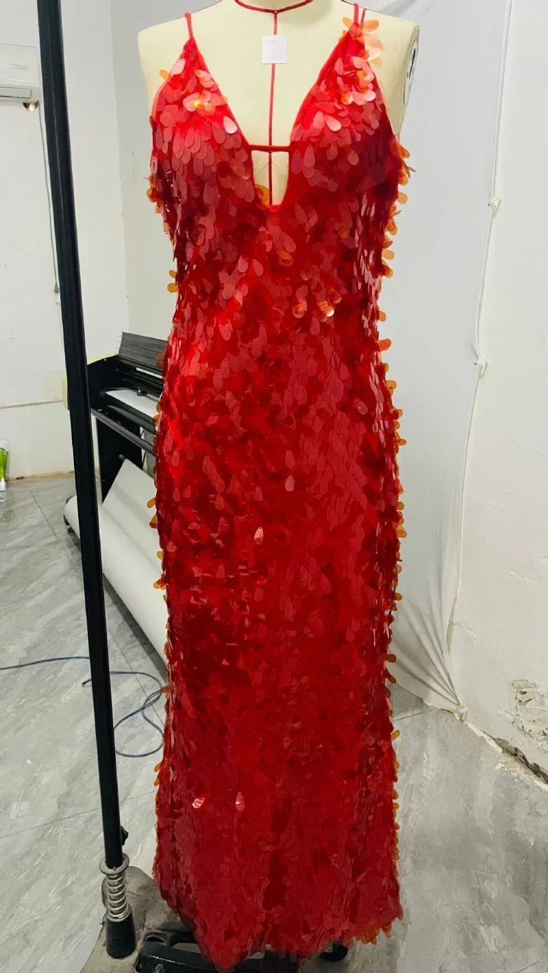 Robes longues Maxi élégantes à paillettes sans manches pour femmes, Robe longue de soirée unie à col en V profond et mode
